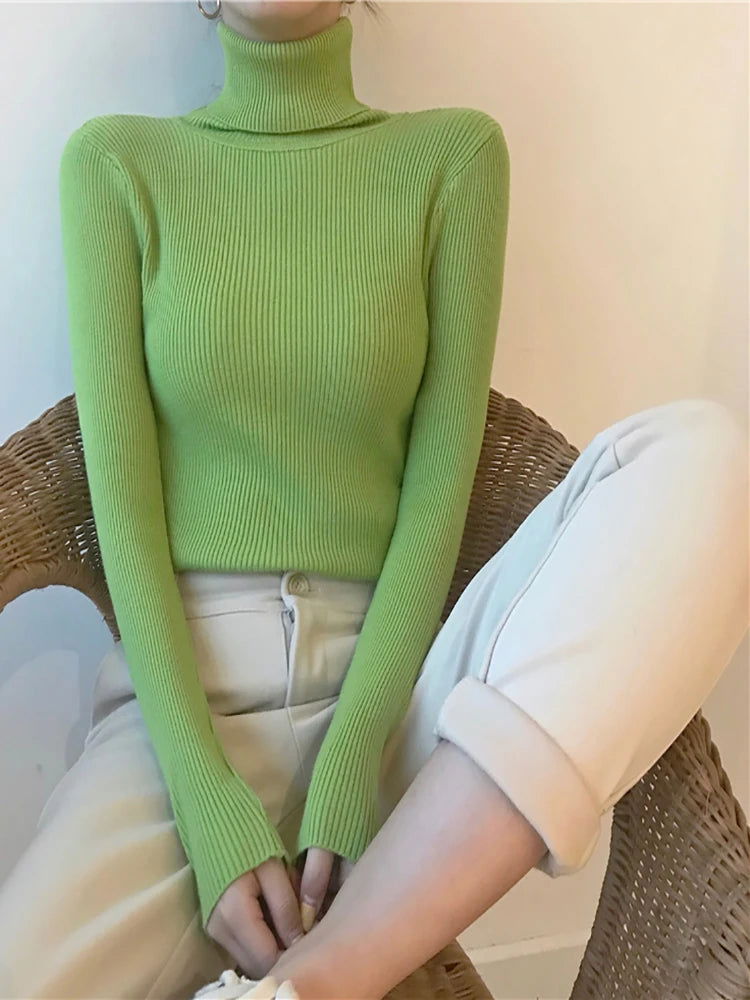 2024 Autumn Winter Thick Sweater Women Knitted Ribbed Pullover Sweater Long Sleeve Turtleneck Slim Jumper Soft Warm Pull Femme - Slobuy
