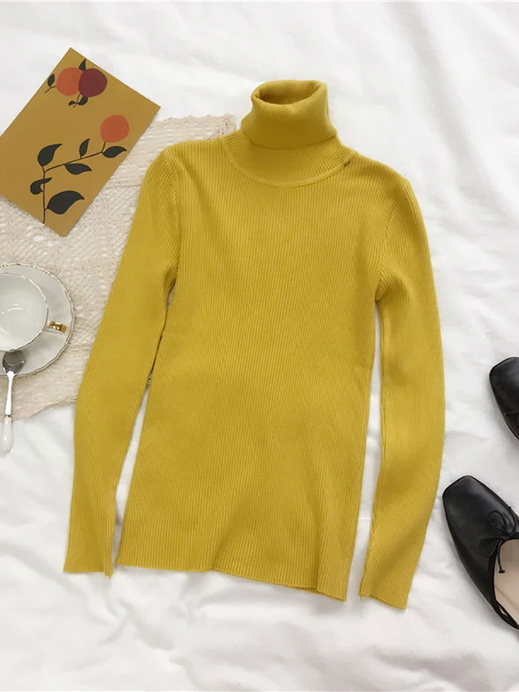 2024 Autumn Winter Thick Sweater Women Knitted Ribbed Pullover Sweater Long Sleeve Turtleneck Slim Jumper Soft Warm Pull Femme - Slobuy