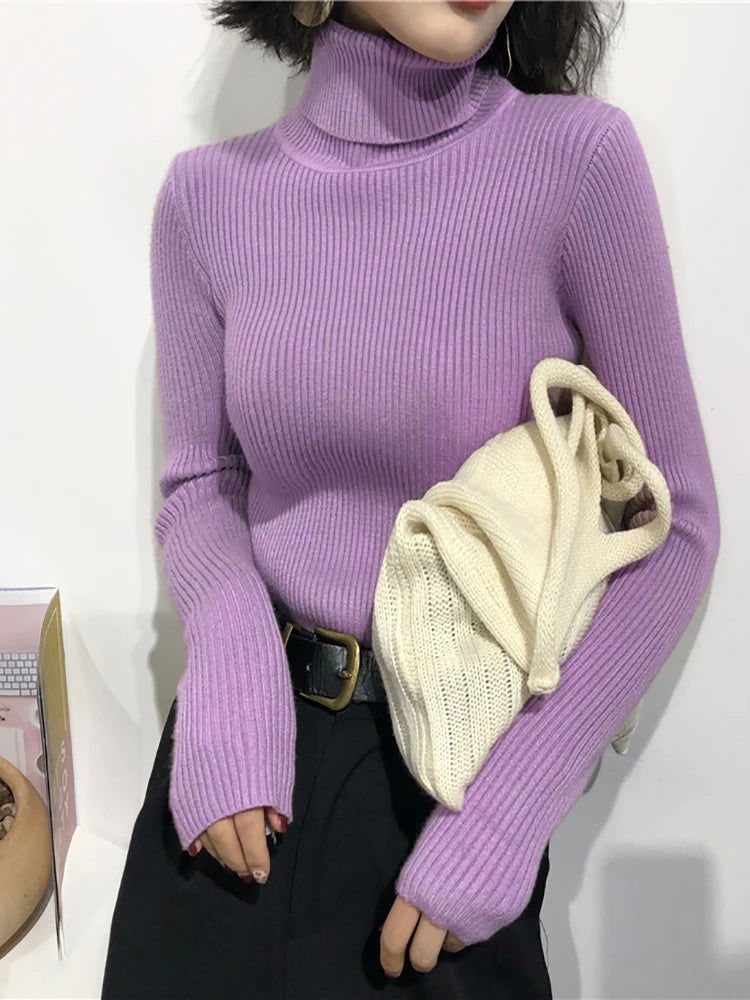 2024 Autumn Winter Thick Sweater Women Knitted Ribbed Pullover Sweater Long Sleeve Turtleneck Slim Jumper Soft Warm Pull Femme - Slobuy