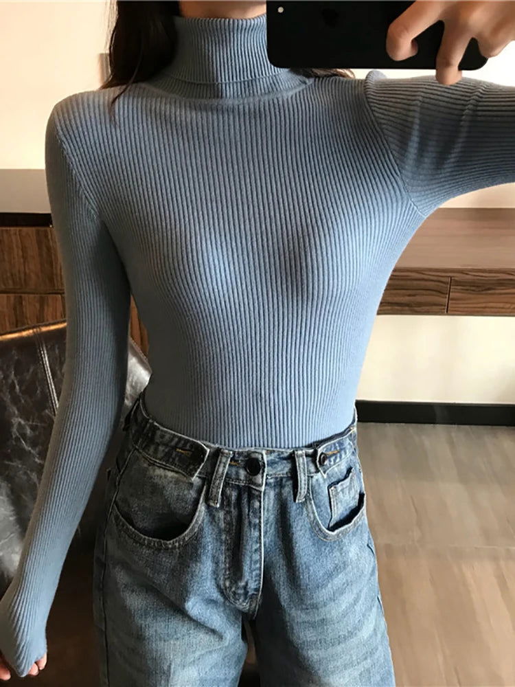 2024 Autumn Winter Thick Sweater Women Knitted Ribbed Pullover Sweater Long Sleeve Turtleneck Slim Jumper Soft Warm Pull Femme - Slobuy