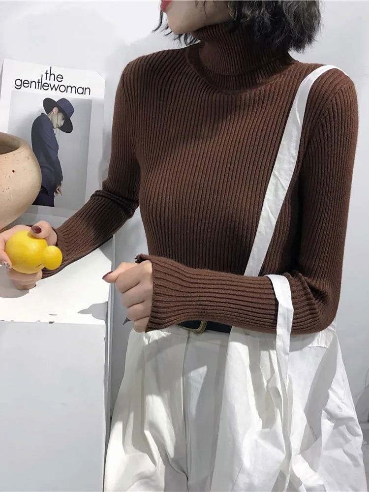 2024 Autumn Winter Thick Sweater Women Knitted Ribbed Pullover Sweater Long Sleeve Turtleneck Slim Jumper Soft Warm Pull Femme - Slobuy