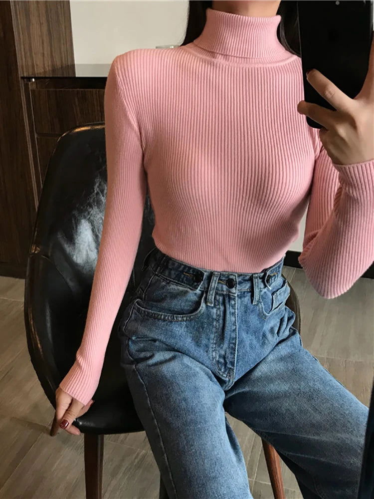 2024 Autumn Winter Thick Sweater Women Knitted Ribbed Pullover Sweater Long Sleeve Turtleneck Slim Jumper Soft Warm Pull Femme - Slobuy