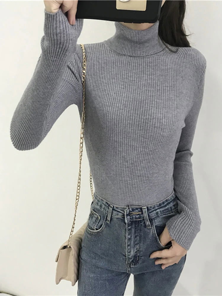 2024 Autumn Winter Thick Sweater Women Knitted Ribbed Pullover Sweater Long Sleeve Turtleneck Slim Jumper Soft Warm Pull Femme - Slobuy