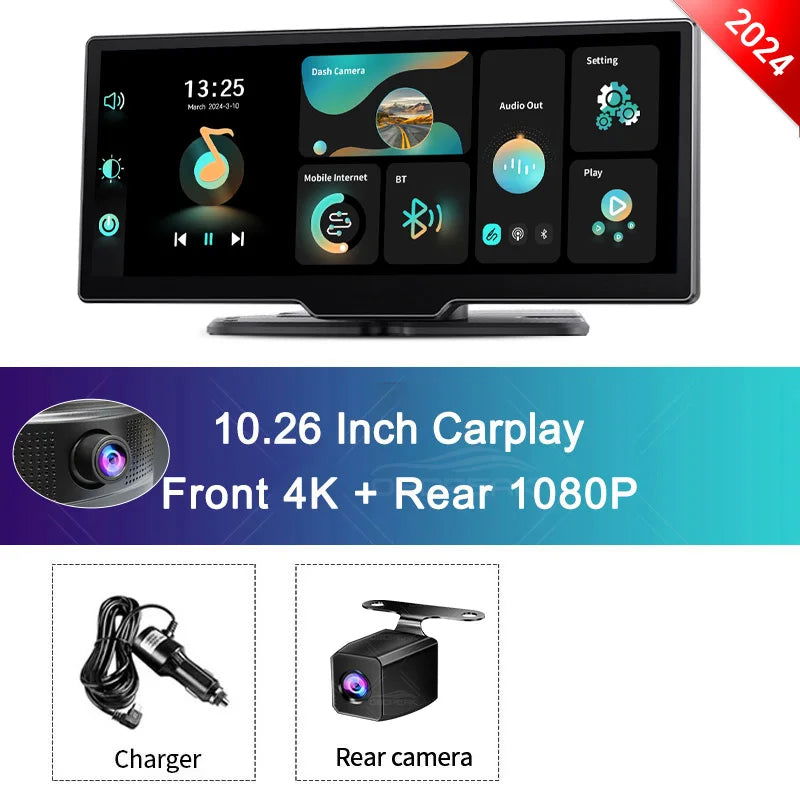 2024 K2 10.26" Dash Cam 4K 2160P Rearview Camera Carplay & Android Auto GPS Navigation with Voice Control Car DVR BT FM Monitor - Slobuy