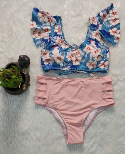 2024 Luxury Floral Ruffle High Waist Two Pieces Bikini Sets Beachwear Swimwear Biquinis - Slobuy