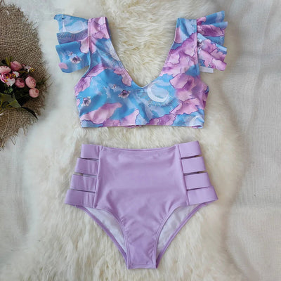 2024 Luxury Floral Ruffle High Waist Two Pieces Bikini Sets Beachwear Swimwear Biquinis - Slobuy