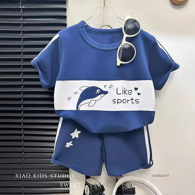 2024 New Kids Short Sleeve Suit Striped Girls Boys Set Summer Tops +short Baby Clothes Children's Wear - Slobuy