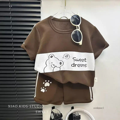2024 New Kids Short Sleeve Suit Striped Girls Boys Set Summer Tops +short Baby Clothes Children's Wear - Slobuy