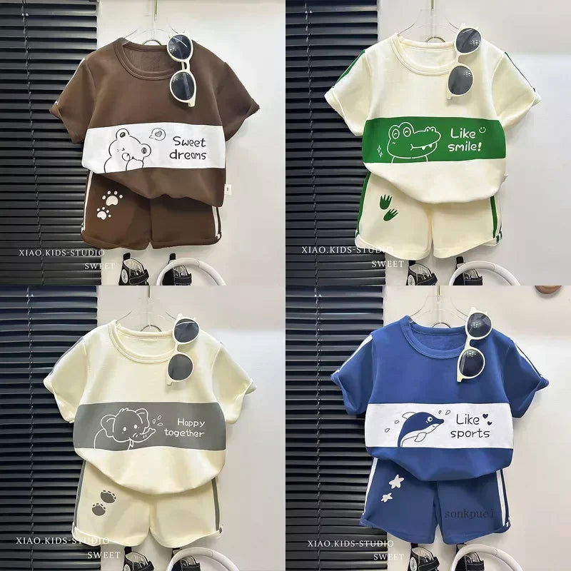 2024 New Kids Short Sleeve Suit Striped Girls Boys Set Summer Tops +short Baby Clothes Children's Wear - Slobuy