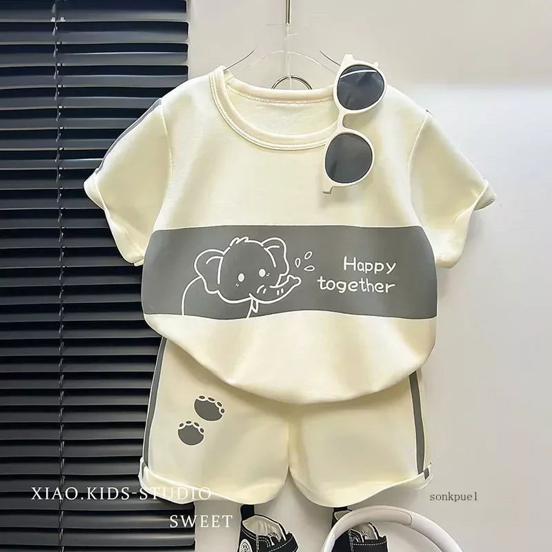 2024 New Kids Short Sleeve Suit Striped Girls Boys Set Summer Tops +short Baby Clothes Children's Wear - Slobuy