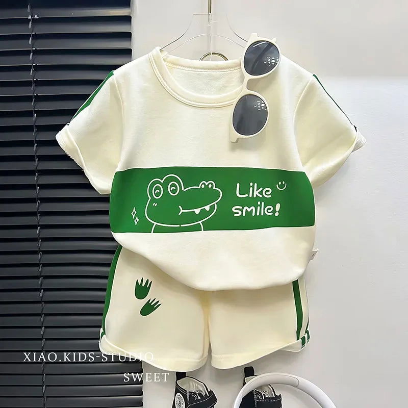 2024 New Kids Short Sleeve Suit Striped Girls Boys Set Summer Tops +short Baby Clothes Children's Wear - Slobuy