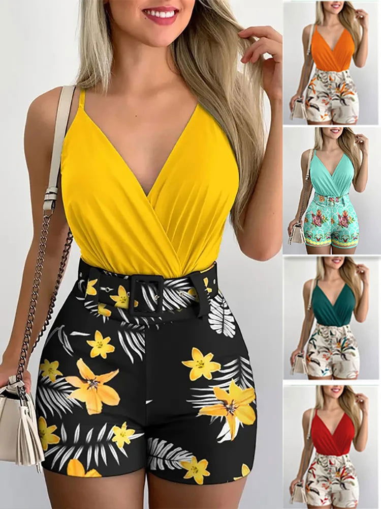 2024 Summer Sexy Fashion Two-piece Hips Beach Women Suspender Shorts Suit Monos Mujer Elegante with Belt - Slobuy