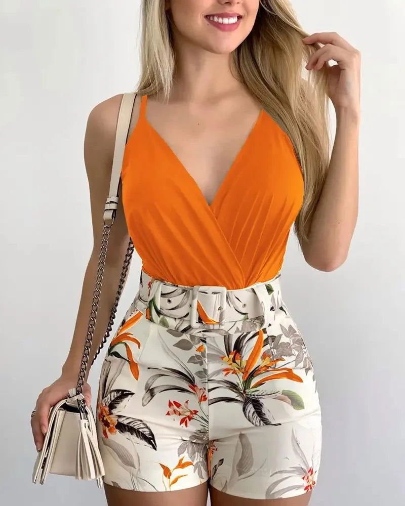 2024 Summer Sexy Fashion Two-piece Hips Beach Women Suspender Shorts Suit Monos Mujer Elegante with Belt - Slobuy