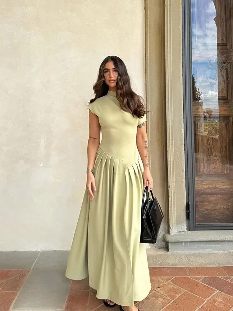 2024 Summer Women Elegant Pleated Green Dress Female O Neck Short Sleeve Patchwork Long Dresses Lady Street Partywear Vestidos - Slobuy