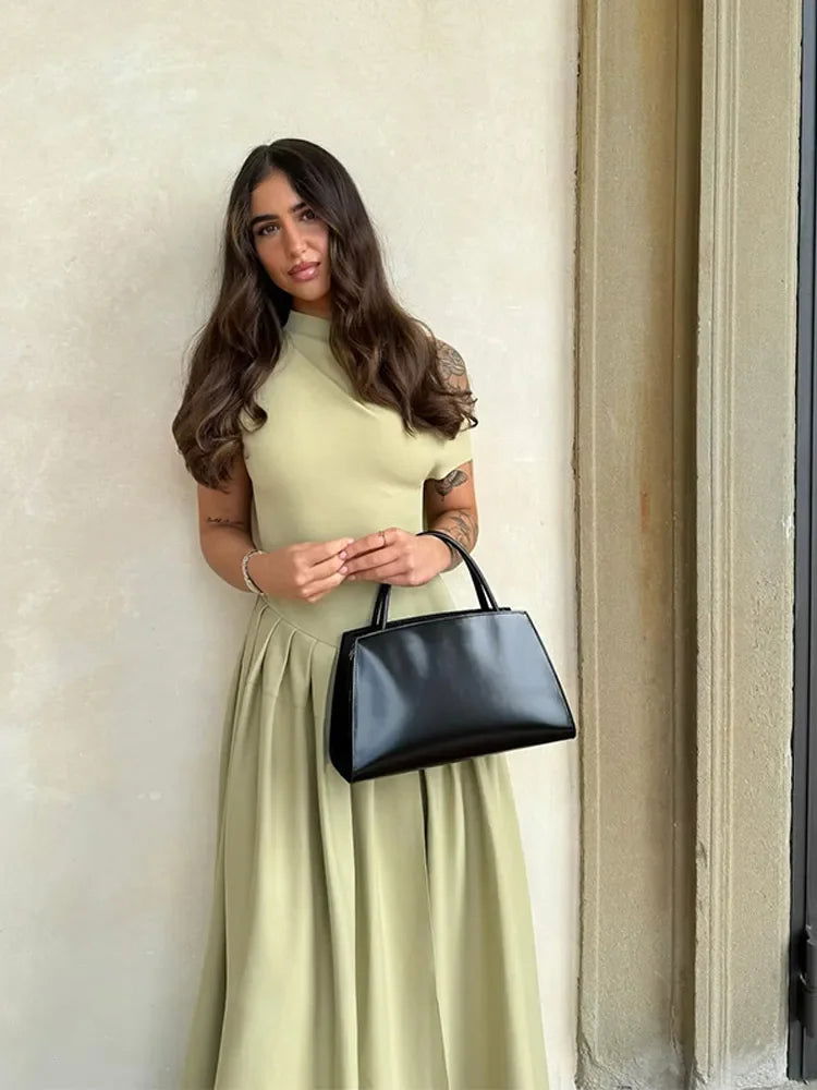 2024 Summer Women Elegant Pleated Green Dress Female O Neck Short Sleeve Patchwork Long Dresses Lady Street Partywear Vestidos - Slobuy