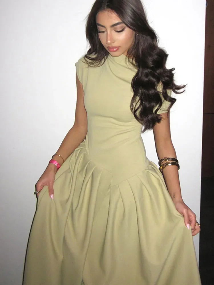 2024 Summer Women Elegant Pleated Green Dress Female O Neck Short Sleeve Patchwork Long Dresses Lady Street Partywear Vestidos - Slobuy