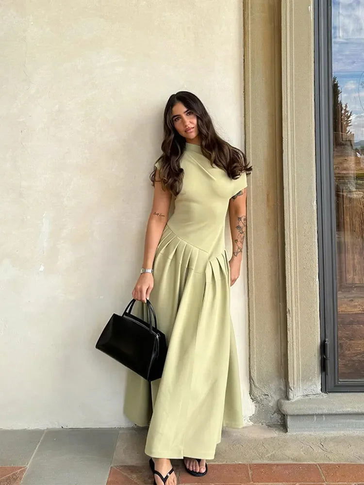 2024 Summer Women Elegant Pleated Green Dress Female O Neck Short Sleeve Patchwork Long Dresses Lady Street Partywear Vestidos - Slobuy