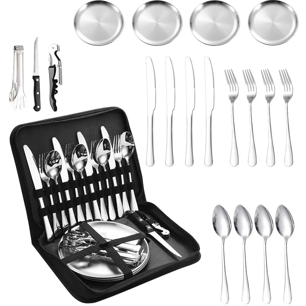 Camping Silverware Kit Cutlery Organizer Utensil Picnic Set Stainless Steel Plate Spoon Knife Fork Tongs Hiking 10/20PCS - Slobuy