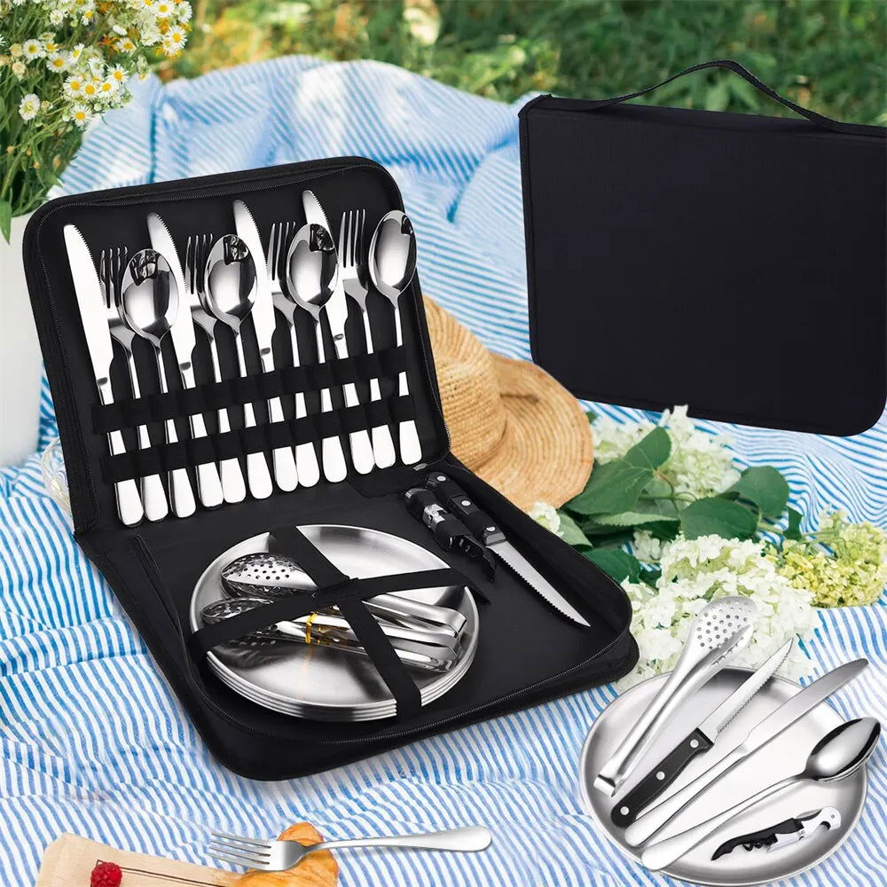 Camping Silverware Kit Cutlery Organizer Utensil Picnic Set Stainless Steel Plate Spoon Knife Fork Tongs Hiking 10/20PCS - Slobuy