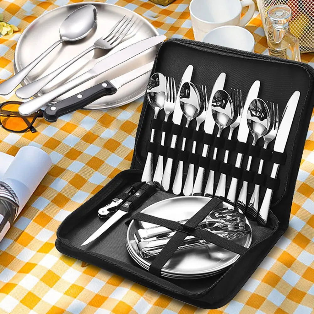 Camping Silverware Kit Cutlery Organizer Utensil Picnic Set Stainless Steel Plate Spoon Knife Fork Tongs Hiking 10/20PCS - Slobuy