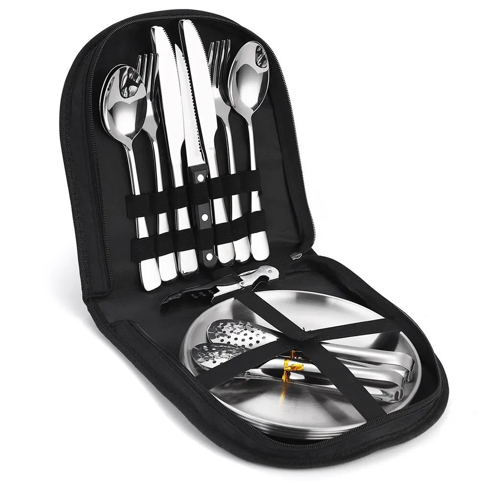 Camping Silverware Kit Cutlery Organizer Utensil Picnic Set Stainless Steel Plate Spoon Knife Fork Tongs Hiking 10/20PCS - Slobuy