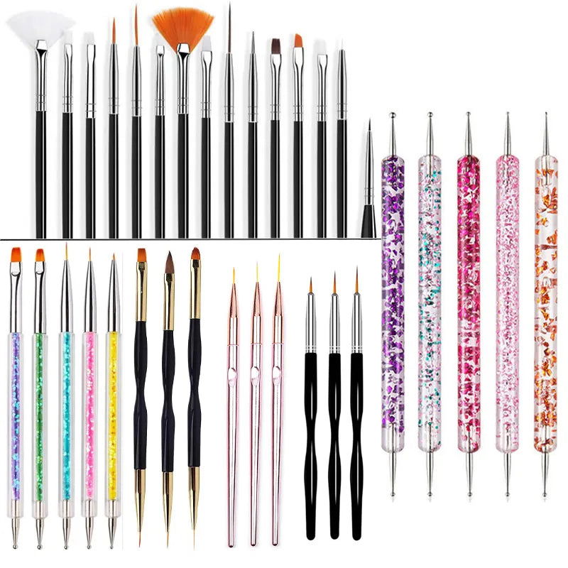 5/20Pcs Nail Art Brush Design Tip Painting Drawing Carving Dotting Pen FlatFan Liner Acrylic Gel UV Polish Manicure Tools - Slobuy