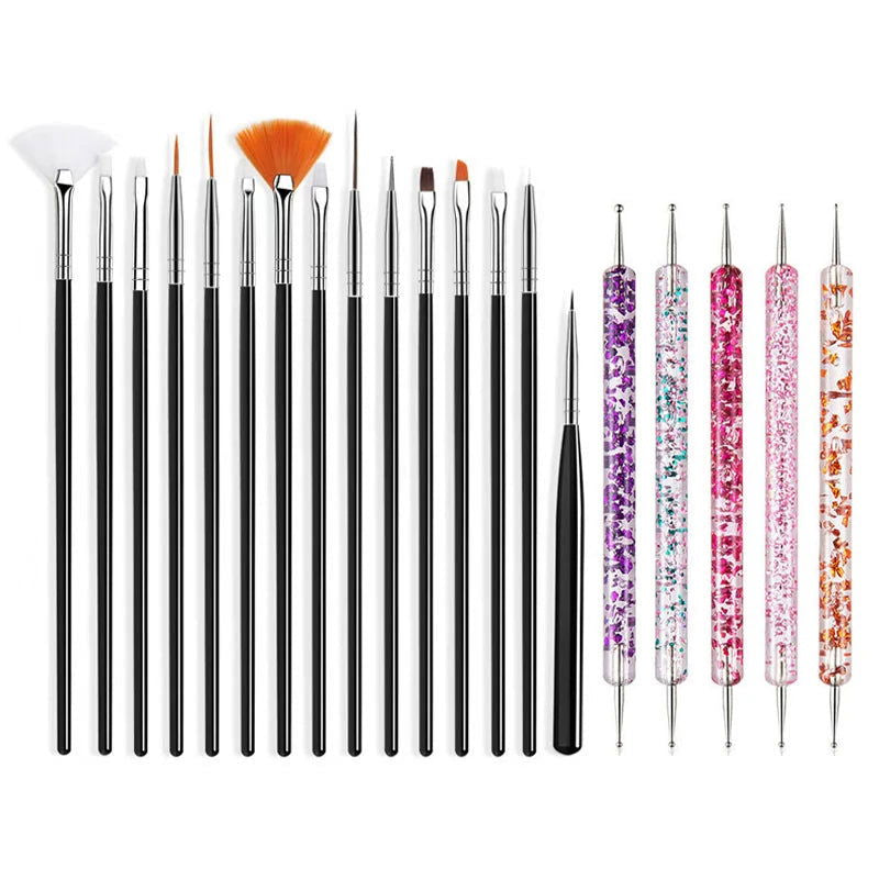 5/20Pcs Nail Art Brush Design Tip Painting Drawing Carving Dotting Pen FlatFan Liner Acrylic Gel UV Polish Manicure Tools - Slobuy