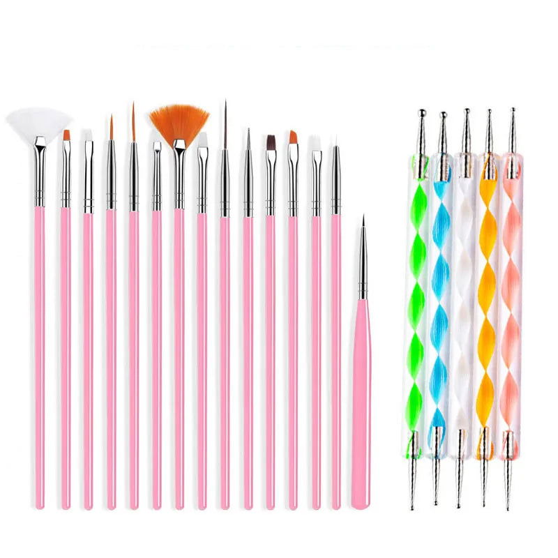 5/20Pcs Nail Art Brush Design Tip Painting Drawing Carving Dotting Pen FlatFan Liner Acrylic Gel UV Polish Manicure Tools - Slobuy