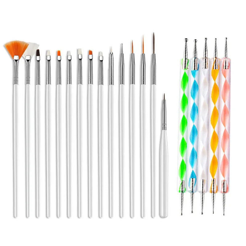 5/20Pcs Nail Art Brush Design Tip Painting Drawing Carving Dotting Pen FlatFan Liner Acrylic Gel UV Polish Manicure Tools - Slobuy