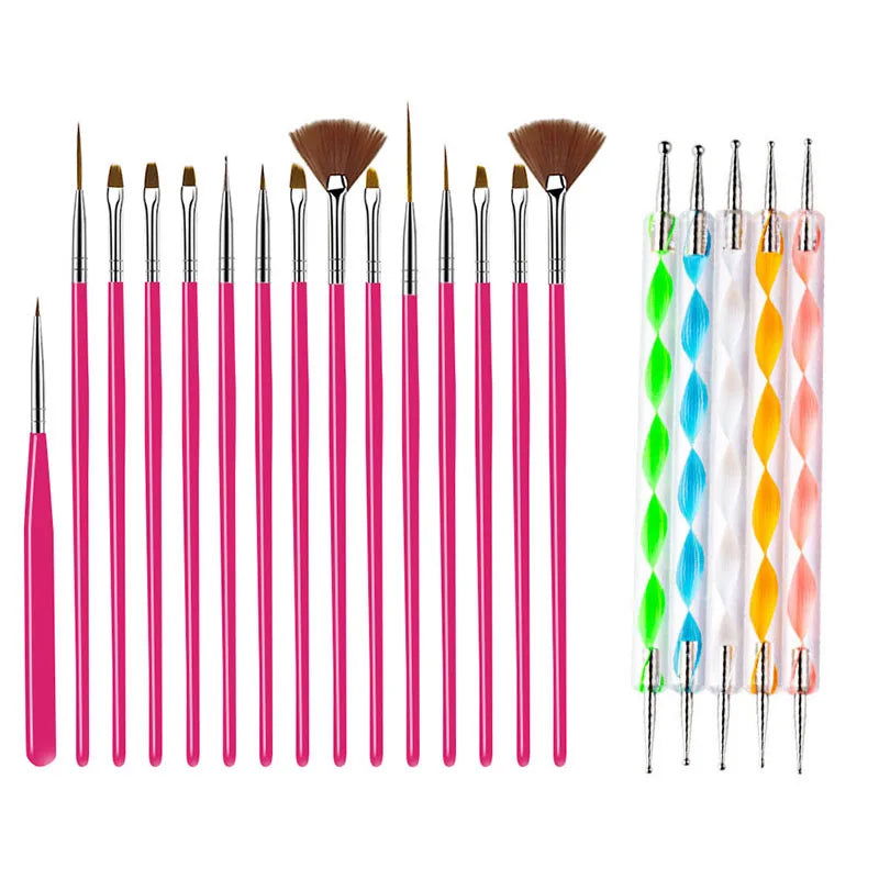 5/20Pcs Nail Art Brush Design Tip Painting Drawing Carving Dotting Pen FlatFan Liner Acrylic Gel UV Polish Manicure Tools - Slobuy
