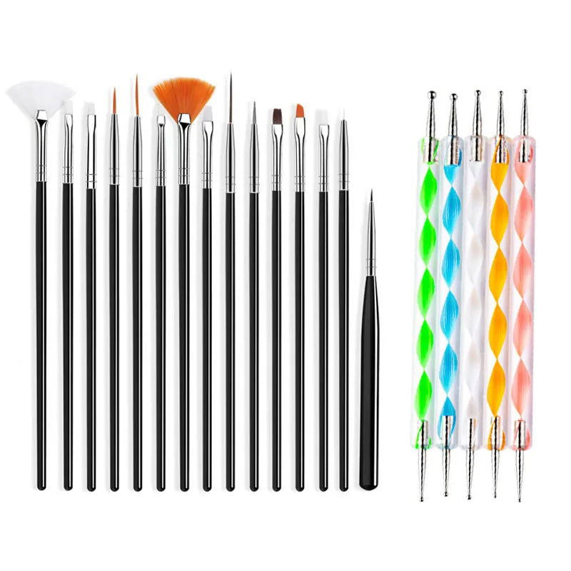 5/20Pcs Nail Art Brush Design Tip Painting Drawing Carving Dotting Pen FlatFan Liner Acrylic Gel UV Polish Manicure Tools - Slobuy