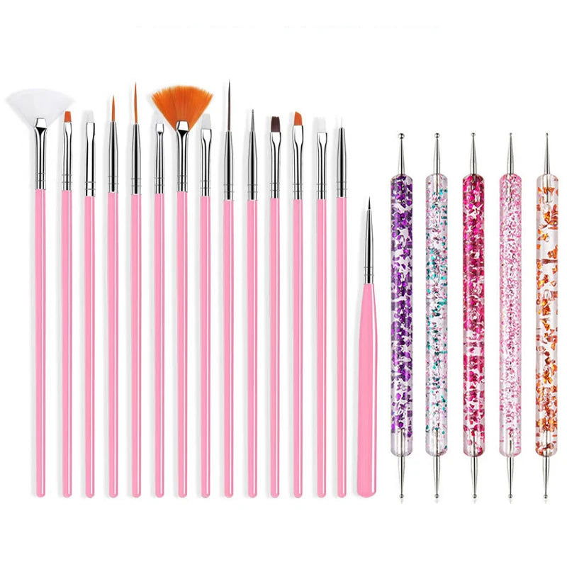 5/20Pcs Nail Art Brush Design Tip Painting Drawing Carving Dotting Pen FlatFan Liner Acrylic Gel UV Polish Manicure Tools - Slobuy