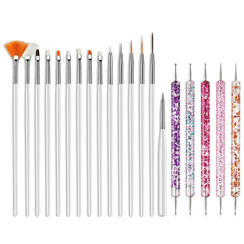 5/20Pcs Nail Art Brush Design Tip Painting Drawing Carving Dotting Pen FlatFan Liner Acrylic Gel UV Polish Manicure Tools - Slobuy