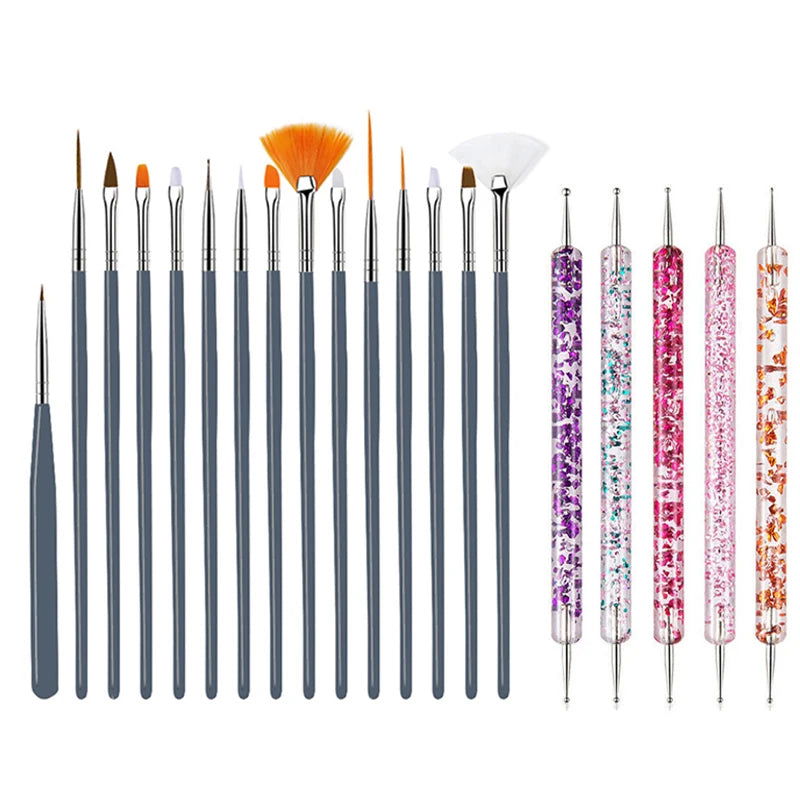 5/20Pcs Nail Art Brush Design Tip Painting Drawing Carving Dotting Pen FlatFan Liner Acrylic Gel UV Polish Manicure Tools - Slobuy