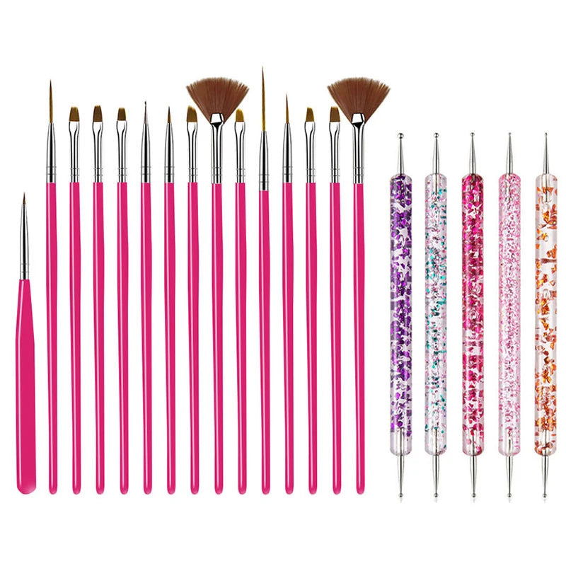 5/20Pcs Nail Art Brush Design Tip Painting Drawing Carving Dotting Pen FlatFan Liner Acrylic Gel UV Polish Manicure Tools - Slobuy