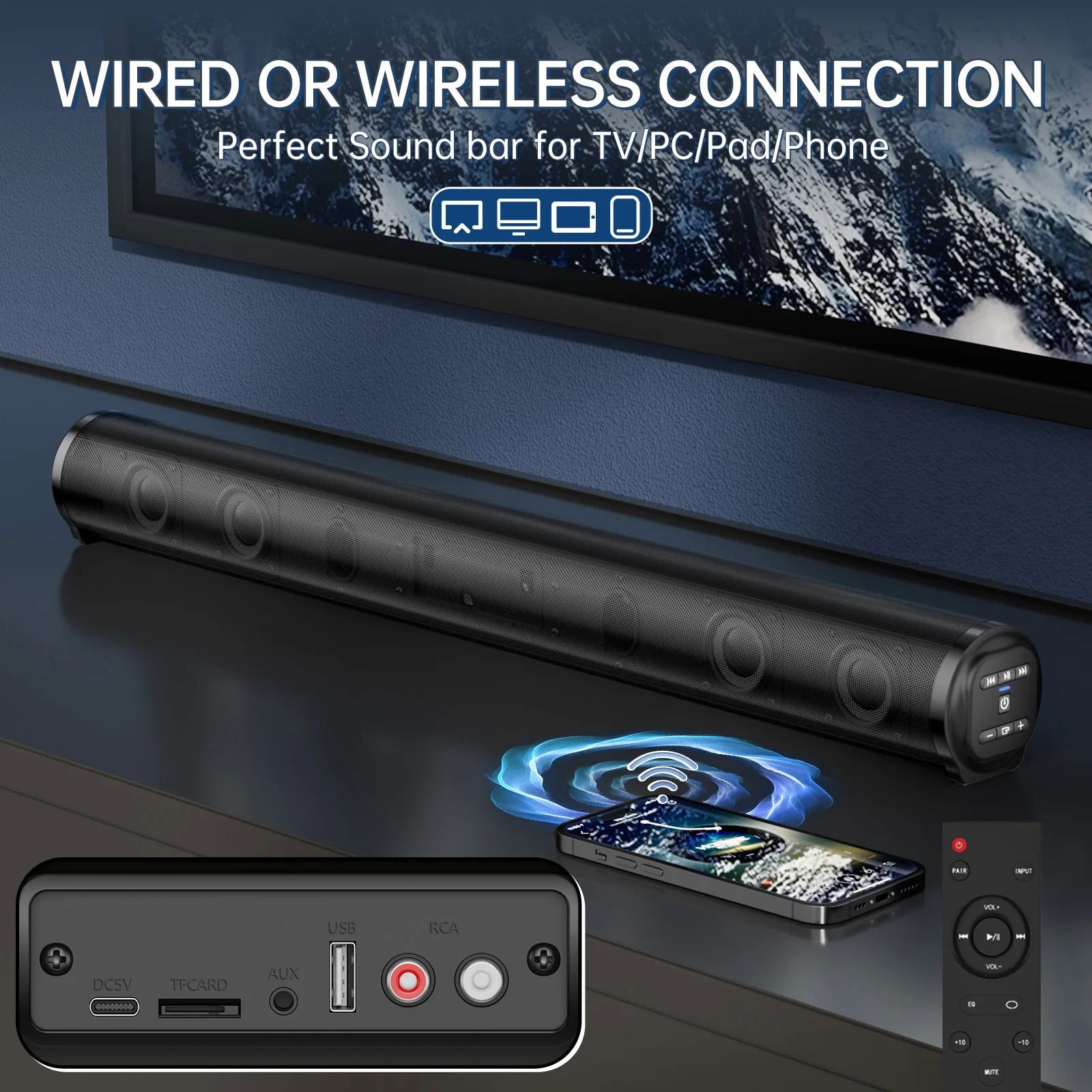 20W Soundbar Bluetooth Speaker Desktop Home TV Outdoor Super Power Sound TV Projector Subwoofer Portable Sound bar - Slobuy