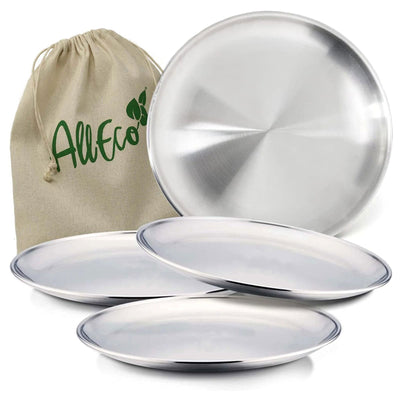 20cm Round Metal Dish Camping Stainless Steel 304 Serving Dinner Plates 4 Pack with alleco cotton bag for BBQ, Snack, Salad - Slobuy