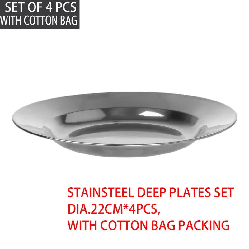 20cm Round Metal Dish Camping Stainless Steel 304 Serving Dinner Plates 4 Pack with alleco cotton bag for BBQ, Snack, Salad - Slobuy