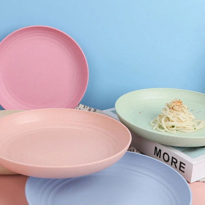 23cm Round Salad Dessert Dinner Plate Stackable Unbreakable Reusable Wheat Straw Dish Microwave Safe Fruit Plate for Dining Room - Slobuy