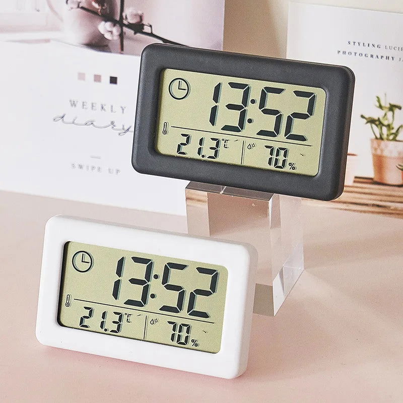 Mini Digital Clock Temperature Humidity Portable Table Clock Thermometer Hygrometer 12/24H Battery Operated LED Clock - Slobuy