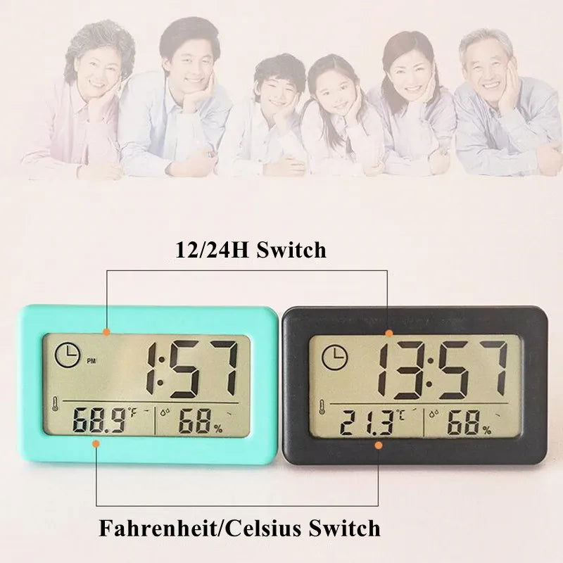 Mini Digital Clock Temperature Humidity Portable Table Clock Thermometer Hygrometer 12/24H Battery Operated LED Clock - Slobuy