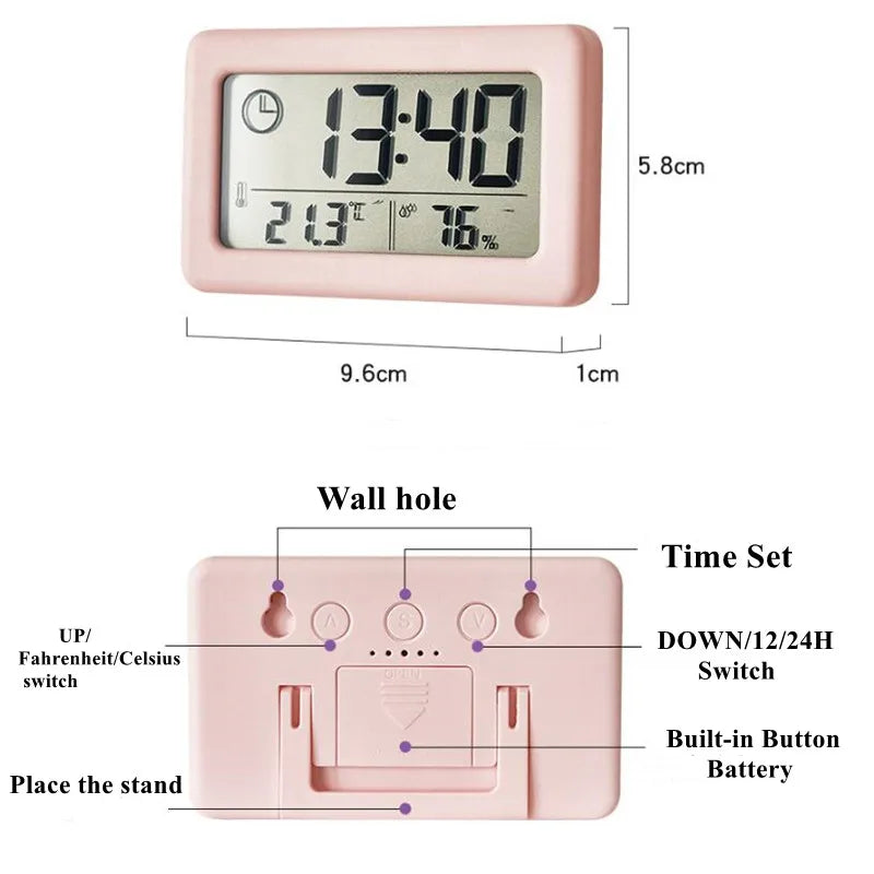 Mini Digital Clock Temperature Humidity Portable Table Clock Thermometer Hygrometer 12/24H Battery Operated LED Clock - Slobuy