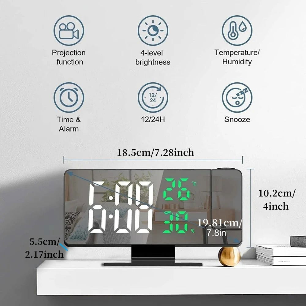 180° Arm Projection Digital Alarm Clock Temperature Humidity Night Mode Snooze 12/24H USB Plug-in Projector Table LED Clock - Slobuy