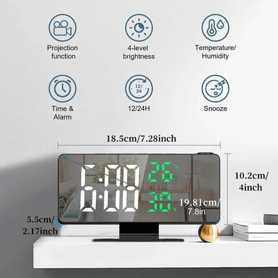 180° Arm Projection Digital Alarm Clock Temperature Humidity Night Mode Snooze 12/24H USB Plug-in Projector Table LED Clock - Slobuy