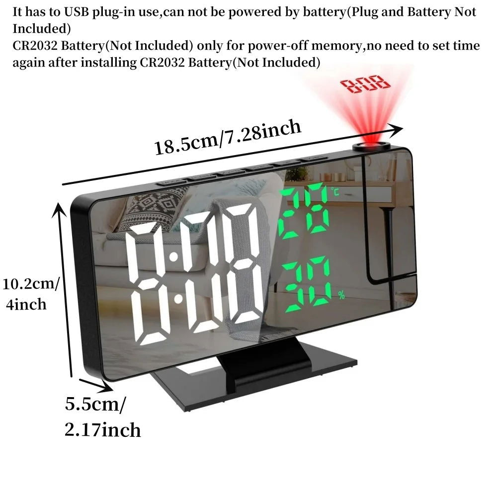 180° Arm Projection Digital Alarm Clock Temperature Humidity Night Mode Snooze 12/24H USB Plug-in Projector Table LED Clock - Slobuy
