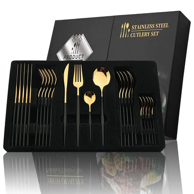 24Pcs Black Handle Golden Cutlery Set Stainless Steel Knife Fork Spoon Tableware Flatware Set Festival Kitchen Dinnerware Gift - Slobuy