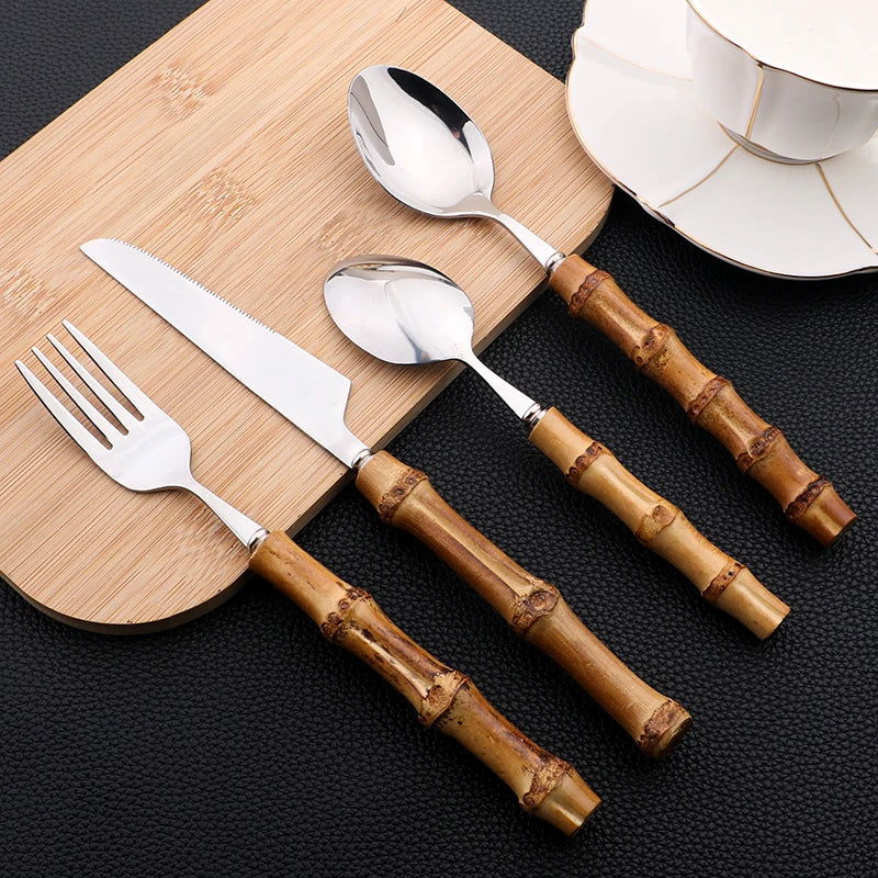 AJOYOUS Gold Cutlery Set 16/24Pcs Kitchen Mirror Stainless Steel Cutlery with Bamboo Handle Dinner Knife Fork Spoon Dinnerware - Slobuy