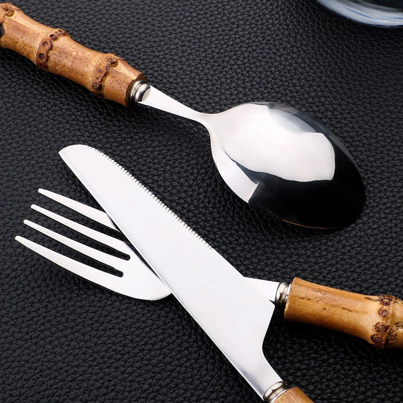 AJOYOUS Gold Cutlery Set 16/24Pcs Kitchen Mirror Stainless Steel Cutlery with Bamboo Handle Dinner Knife Fork Spoon Dinnerware - Slobuy
