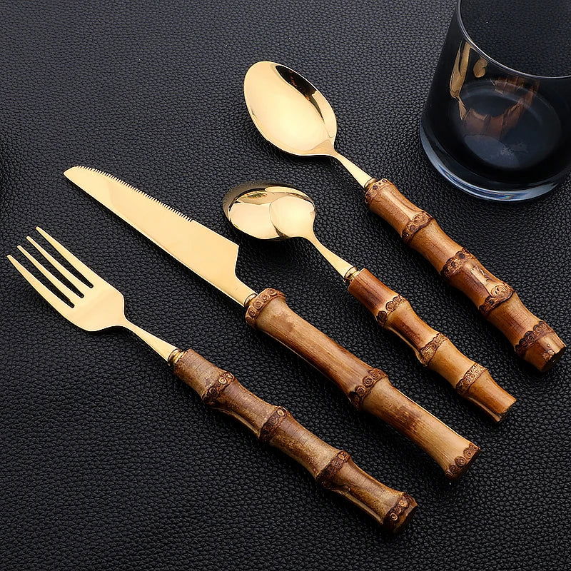 AJOYOUS Gold Cutlery Set 16/24Pcs Kitchen Mirror Stainless Steel Cutlery with Bamboo Handle Dinner Knife Fork Spoon Dinnerware - Slobuy
