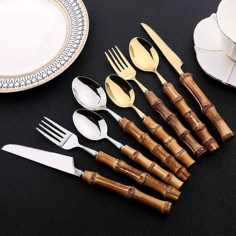 AJOYOUS Gold Cutlery Set 16/24Pcs Kitchen Mirror Stainless Steel Cutlery with Bamboo Handle Dinner Knife Fork Spoon Dinnerware - Slobuy